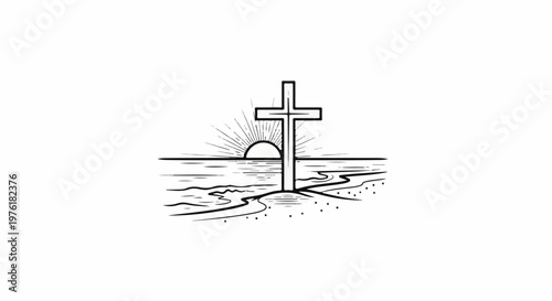 A cross stands on a beach at sunrise, symbolizing hope and renewal