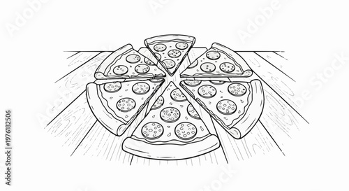 Sliced pepperoni pizza arranged on a wooden surface, presented in a line drawing