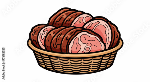 Sliced roast meat arranged in a rustic woven basket