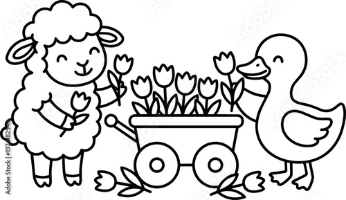 Cute sheep and duck holding tulips with flower cart line art vector