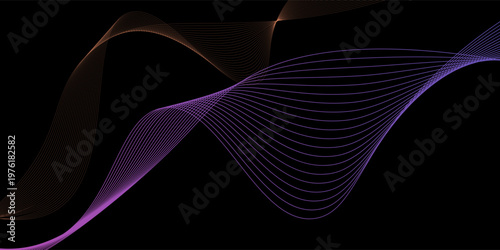 Smooth neon sound wave on black background. Abstract flowing wavy lines design for ai concept, eq equalizer, audio record, voice assistant. Blue pink orange gradient curve stripe wallpaper. Vector