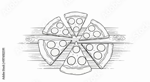 Slices of pepperoni pizza arranged on a wooden surface in a radial pattern
