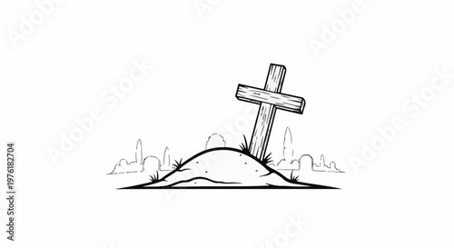 A crudely drawn wooden cross stands on a mound with a faint cityscape in the background