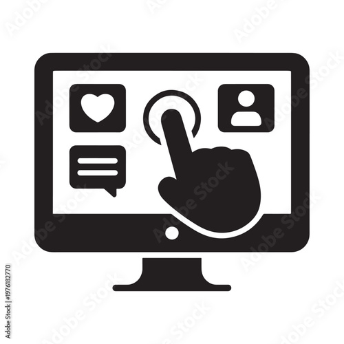 A black silhouette of a computer screen with a hand pressing a button