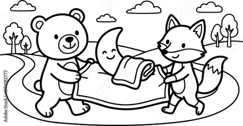 Cute bear and fox carrying smiling moon on blanket in park line art