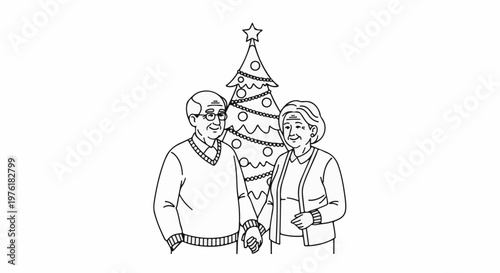 Smiling elderly couple holding hands in front of a decorated Christmas tree
