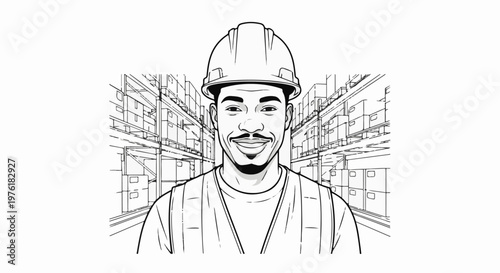 Smiling man in hard hat stands in front of warehouse shelves stacked with boxes