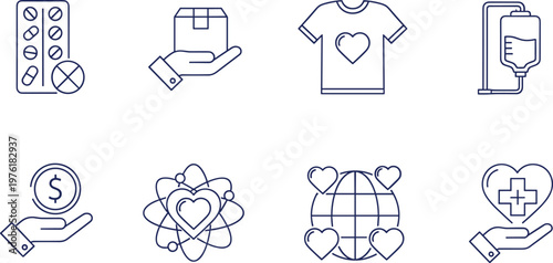 Healthcare and charity icons with document background, donation support concept, global care, medical assistance, paperwork backdrop, outline vector elements