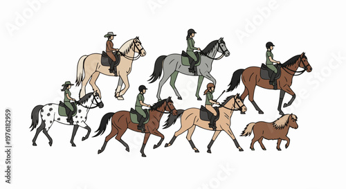 Seven diverse riders on horseback, all in motion across a white background