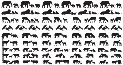 Animal Families and Interaction Silhouettes Set Pack. Editable Vector Stroke Illustration. featuring animals, wildlife, silhouettes, pattern, seamless, vector, graphic, illustration more silhouettes.