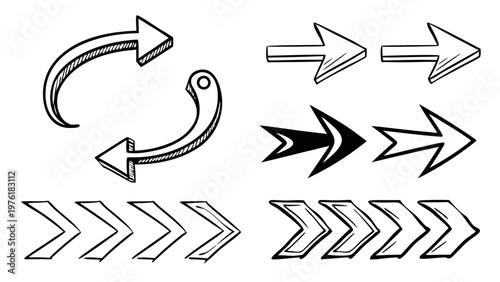 A set of black and white arrow icons in various styles and directions for design use