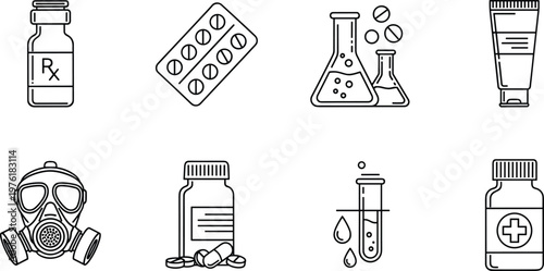 Pharmaceutical and medical icon set, medicine pills laboratory symbols, healthcare treatment concept, drug bottle mask test tube, outline vector icons