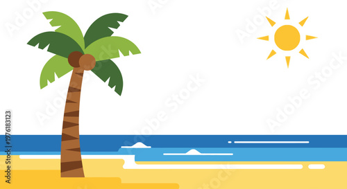 Palm tree on sandy beach shore.