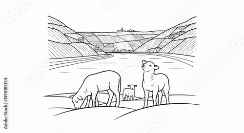 Sheep graze near a river with terraced hills and a village in distance