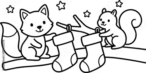 Black and white line art fox and squirrel hanging christmas stockings on tree branch with stars