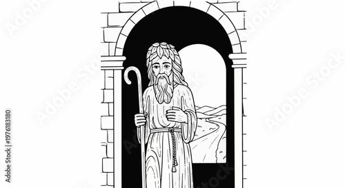 Shepherd with staff and laurel wreath stands in stone archway