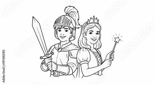 Smiling knight and princess holding sword and magic wand