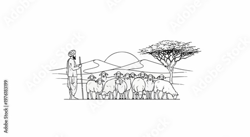 Shepherd with flock of sheep under a tree with distant hills and sun