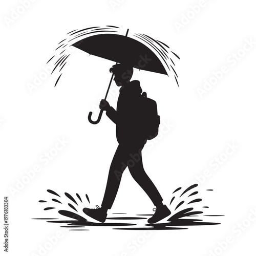 Silhouette of a person walking with an umbrella in the rain