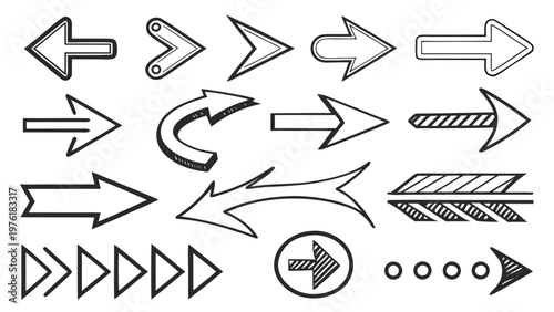 A set of black and white vector arrows and pointers in various styles and directions.