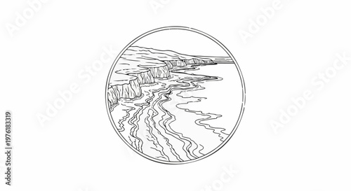 Scenic sketch of cliffs meeting a winding river flowing to the sea