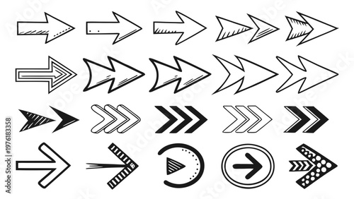 A collection of black and white arrow icons in various styles and designs on a white background