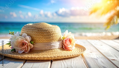 Woven straw sun hat adorned with delicate roses rests on a weathered wooden table at the sunny beach