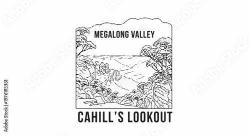 Scenic vista of a valley from a lookout point with trees and text