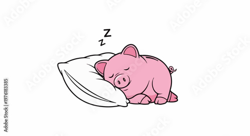 A cute pink cartoon pig sleeping on a white pillow with z's above