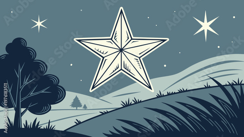 A minimalist vector illustration of a star shining brightly in a serene night landscape with rolling hills and trees.