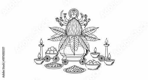 A decorative arrangement with a coconut, leaves, bowls of offerings, and lit lamps