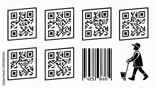 A minimalist vector graphic illustration of a person pushing a cart with QR codes and a barcode