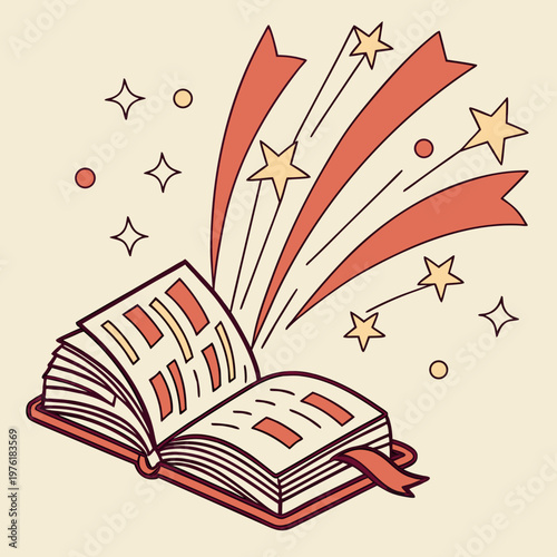 Open book with orange and yellow ribbon streamers and stars bursting, symbolizing imagination, learning, and creativity, excellent for storytelling themes.
