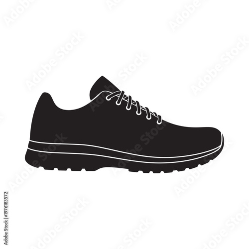 A black silhouette of a single running shoe viewed from the side