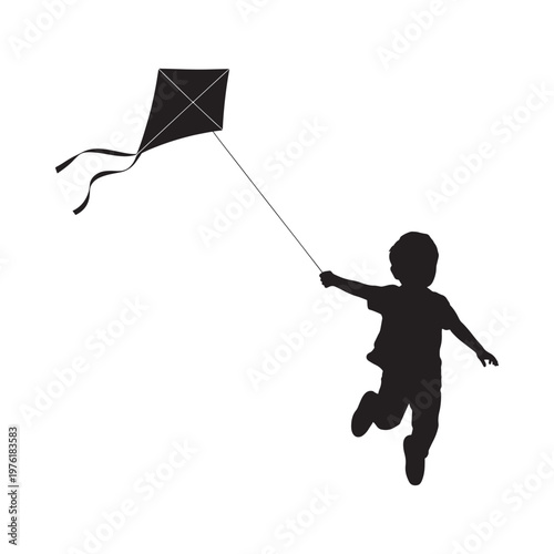 Silhouette of a child joyfully running and flying a diamond kite