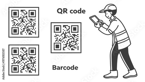 A minimalist vector illustration of a man scanning a QR code with his smartphone next to various barcode and QR code graphics.