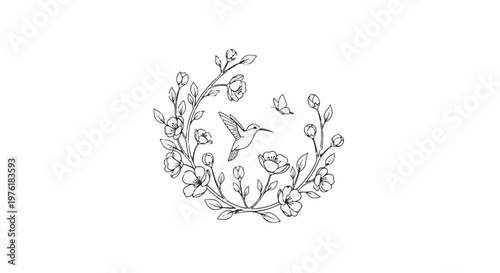 A delicate black and white sketch of a hummingbird and butterfly