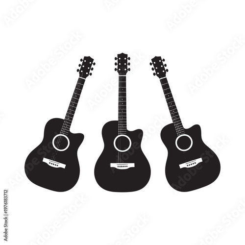 Three black silhouette acoustic guitars on a plain white background