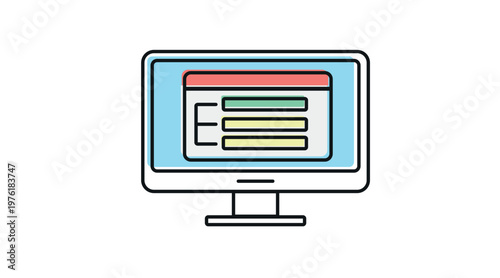 Colorful web design and UI/UX layout icon: desktop computer with wireframe on screen, multicolor offset fill and black line vector illustration.