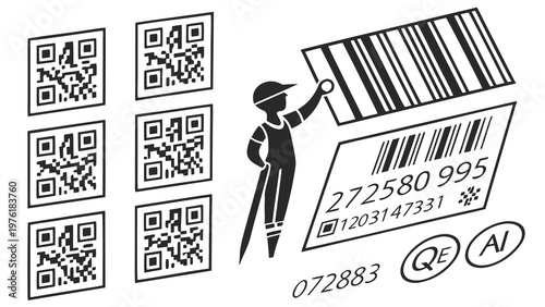 A minimalist vector graphic illustration of a delivery person holding a large barcode sticker with QR codes and other design elements