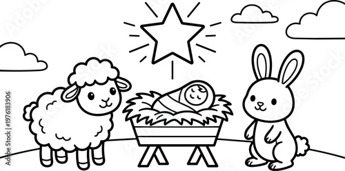 Cute nativity scene baby jesus in manger with lamb and bunny vector art