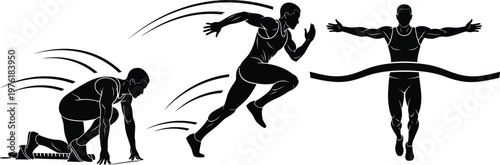 Athlete starting sprint race from starting blocks, dynamic black and white illustration.