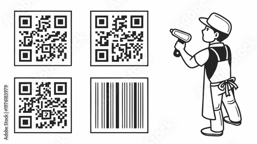 A minimalist illustration of a painter holding a roller next to QR codes and a barcode