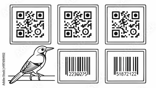 A minimalist vector graphic illustration of a bird with QR codes and barcodes