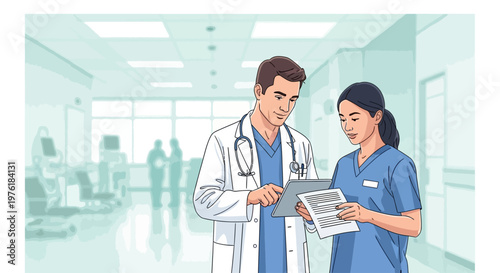 Doctor and nurse in hospital setting.