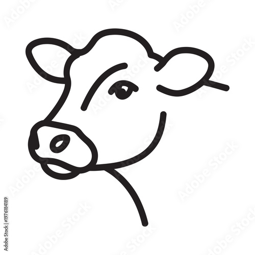 Simple line drawing depicts the head of a contented smiling cow