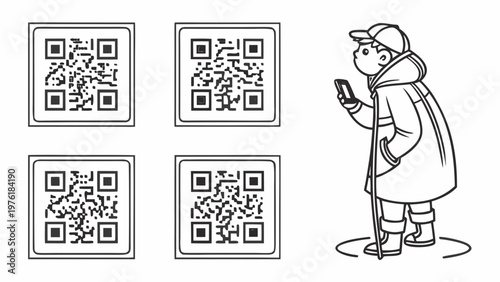 A minimalist line art illustration of a man scanning QR codes with his smartphone