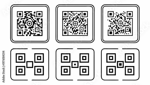 A set of six black and white QR code vector icons in different styles
