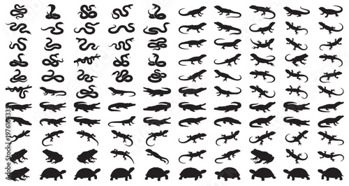 Reptiles and Amphibians Silhouettes Set Pack. Editable Vector Stroke Illustration. featuring reptile, amphibian, snake, lizard, crocodile, turtle, silhouette, vector, illustration more silhouettes.