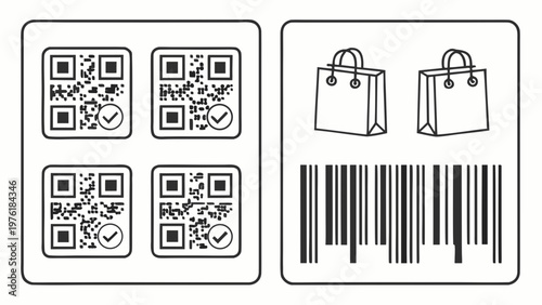 A vector graphic illustration of a shopping label with QR codes and a barcode